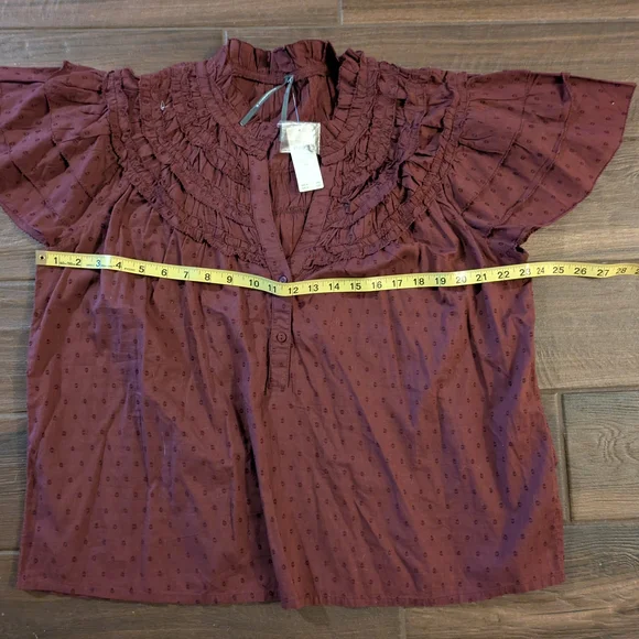 Anthropologie Burgundy Flutter Sleeve Blouse with Mandarin Collar - Picture 4 of 4